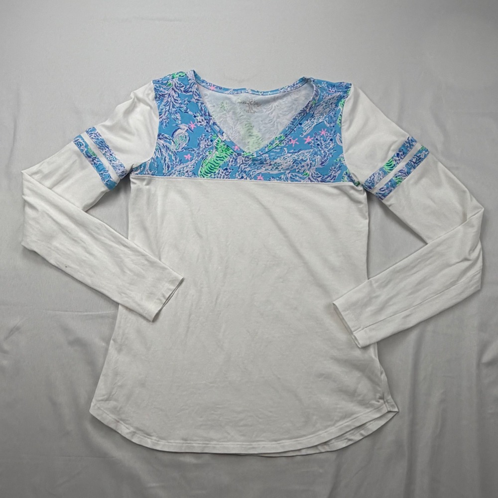 Lilly Pulitzer Top Women XS White Blue Printed Yoke Long Sleeve V-Neck 003231